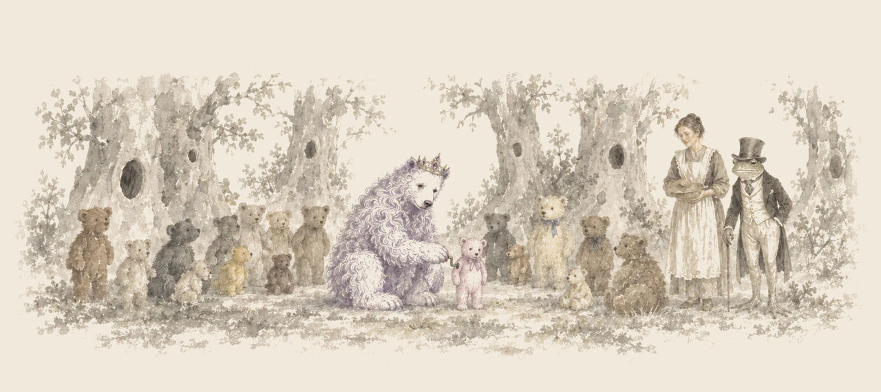 In a ring of hollow trees, the Lavender Bear turns a crank in a small pink toy bear among many toy bears, as Cayke the Cookie Cook and the Frogman watch.