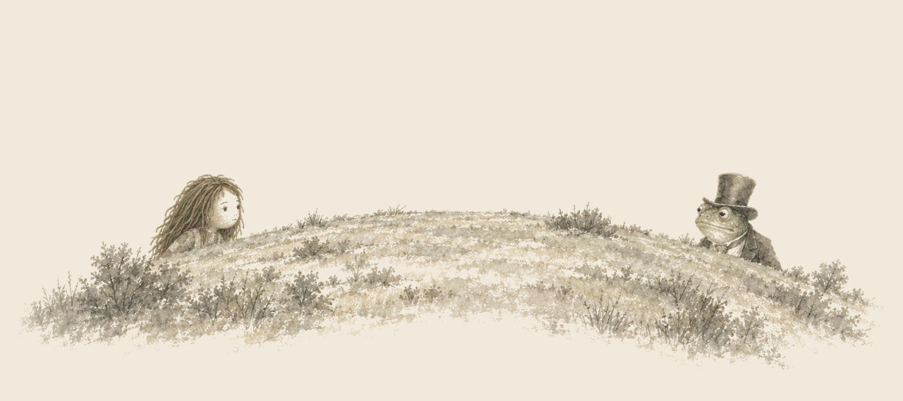 The Patchwork Girl and the Frogman in his top hat peer at each other over opposite sides of a bare, round hilltop.