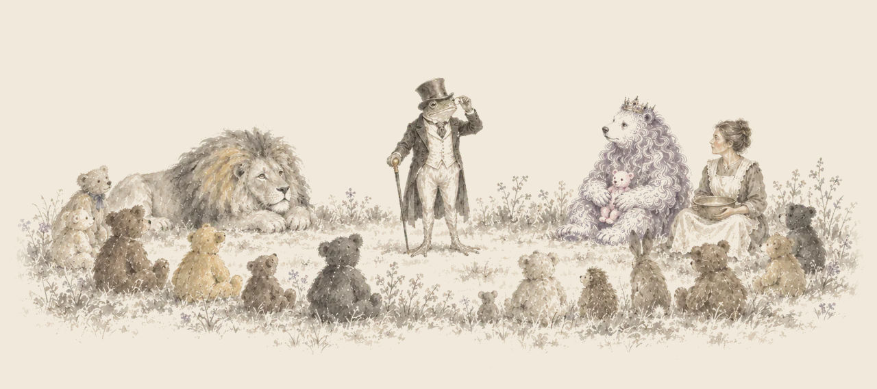 The Frogman, tipping his hat, speaks to a ring of toy bears, the Cowardly Lion, the Lavender Bear holding the Pink Bear, and Cayke the Cookie Cook.