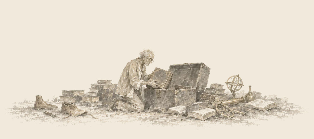 Ugu the Shoemaker kneels at an opened chest lifting out a heavy old book, surrounded by piled books, brass instruments and a half-made shoe.