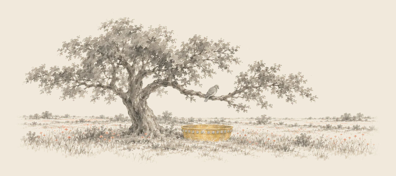 A grey dove perches on a low limb of a lone tree, above a big round gold pan set with diamonds lying in the grass.