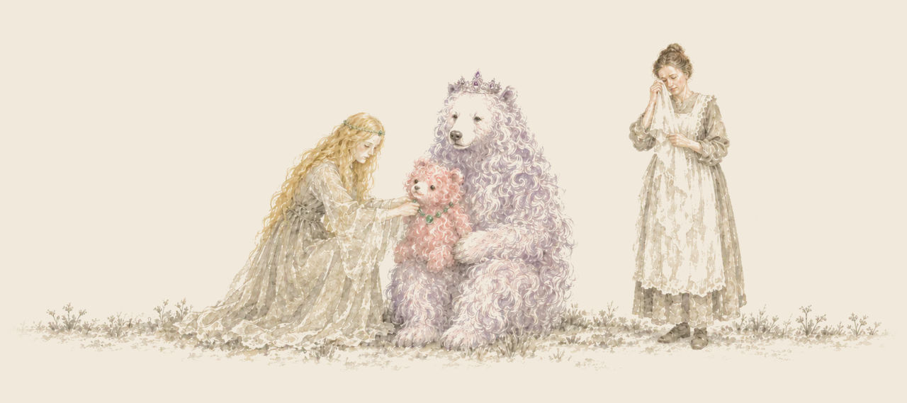 Ozma kneels to fasten an emerald chain on the Pink Bear, who sits on the Lavender Bear's knee, while Cayke the Cookie Cook dries her eyes with her apron.