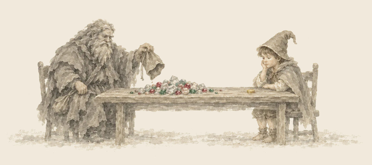 The ragged, bearded Nome King holds an empty bag over a heap of gems on a wooden table while Kiki Aru rests his chin on his hand, one gold piece before him.