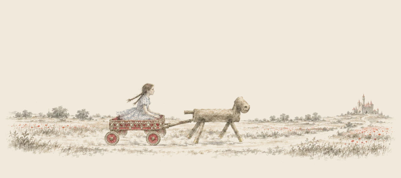 Dorothy rides alone in the Red Wagon, drawn along an open road by the Sawhorse, toward a distant castle.