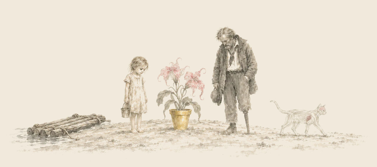 Trot and Cap'n Bill stand on a bare island looking at a golden flower-pot of pink blossoms, with a log raft and the Glass Cat beside them.
