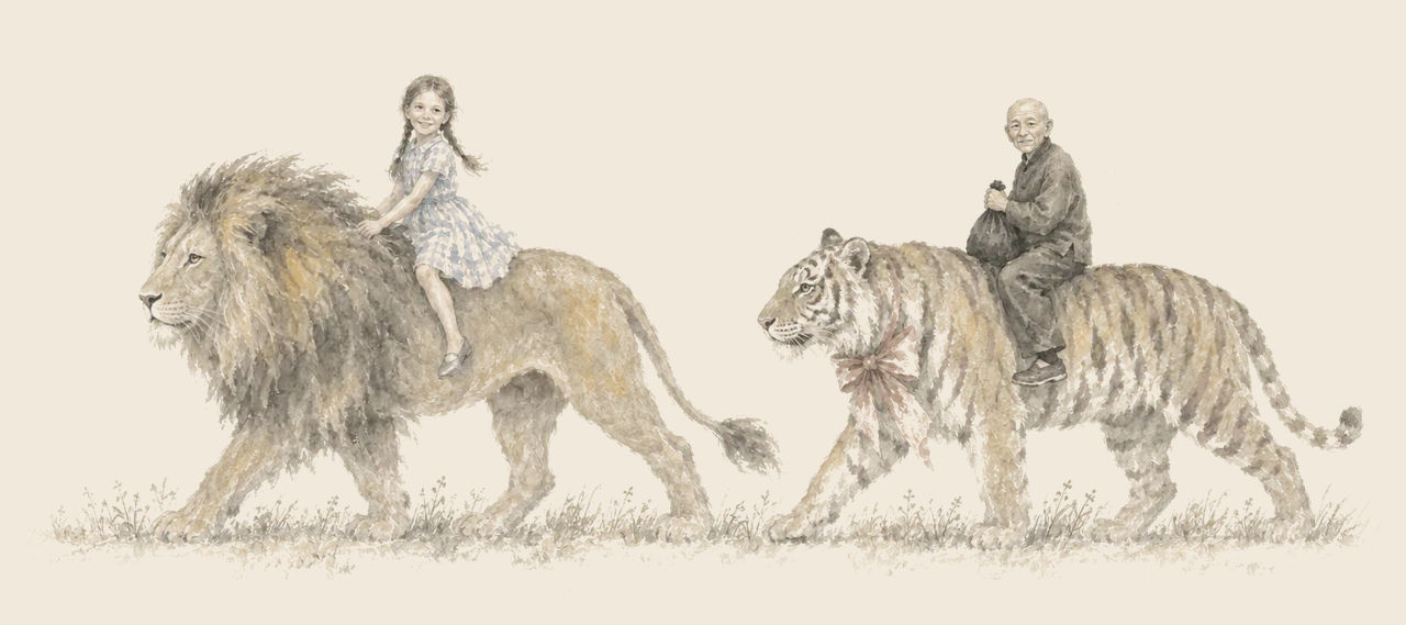 Dorothy rides the Cowardly Lion, smiling, and the Wizard rides the Hungry Tiger behind, holding a black bag, as they walk across a clearing.