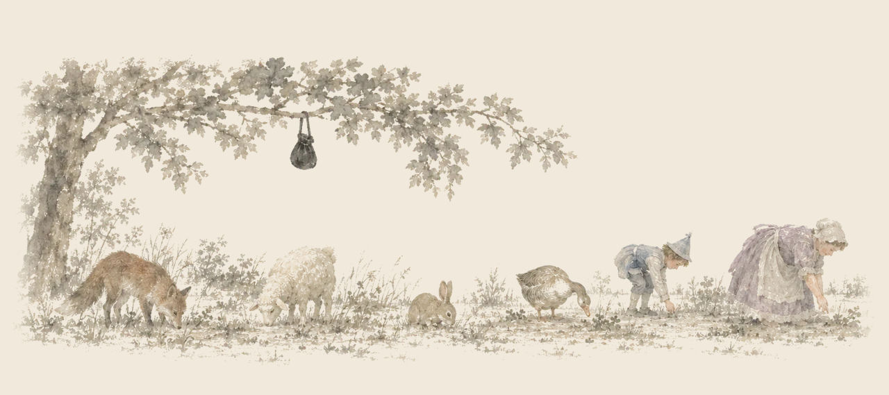 A black bag hangs from a tree branch while a fox, a lamb, a rabbit, a goose, a boy and a stout woman search the ground below.