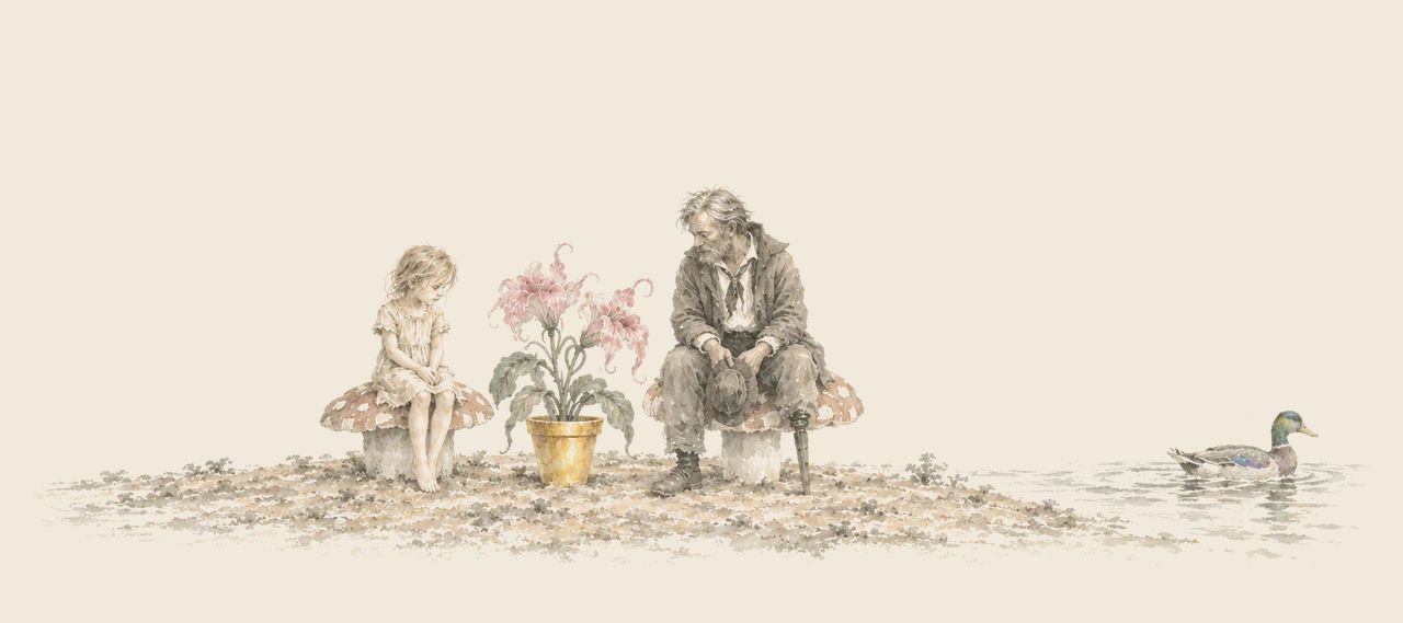 Trot and Cap'n Bill sit on toadstools before the golden flower-pot on the bare island, while the Lonesome Duck swims away.