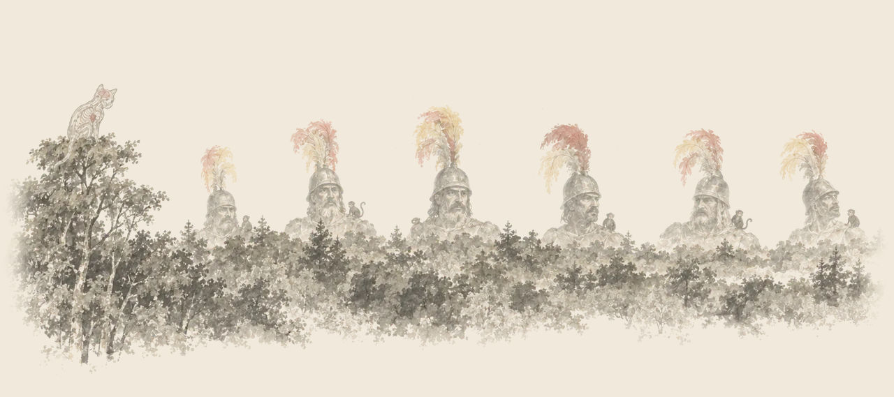 Six giant soldiers in plumed helmets rise above the tree-tops, small monkeys on their shoulders, and the Glass Cat sits on a tree at the left.
