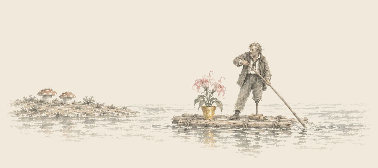 Cap'n Bill poles a log raft across the river with the golden flower-pot in bloom beside him; the empty island with toadstools lies behind.
