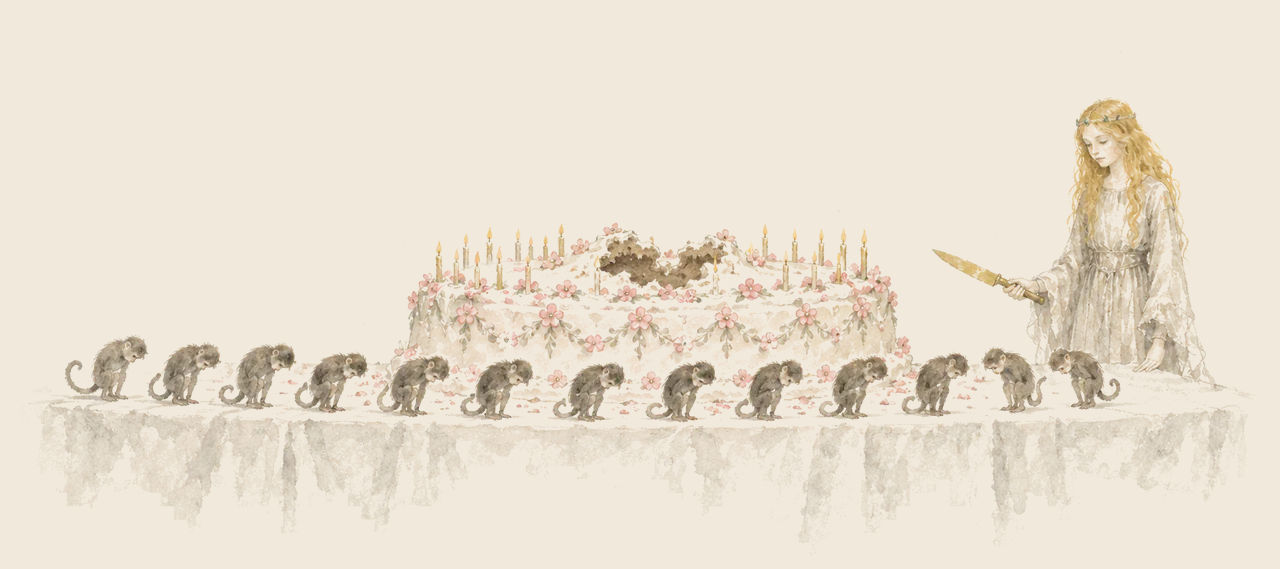 Ozma stands at the end of a long table holding a knife over a frosted cake with candles, as twelve tiny monkeys bow in a row before it.