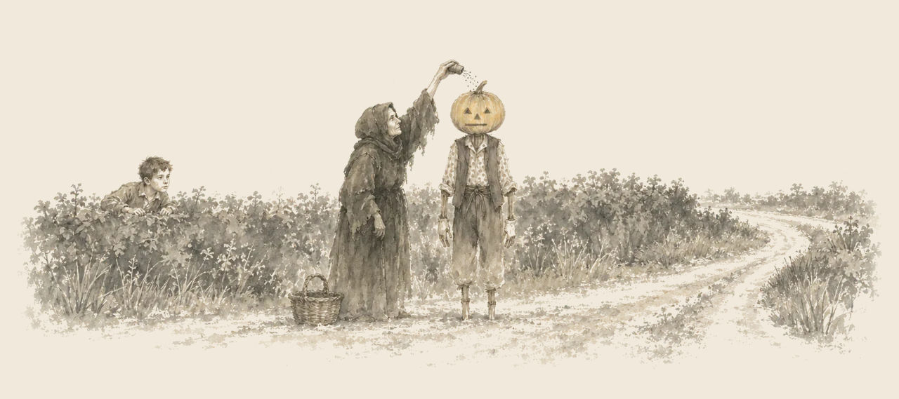 Old Mombi reaches up to shake a pepper-box over the head of Jack Pumpkinhead, who stands stiff in a country road while Tip watches from the hedge.