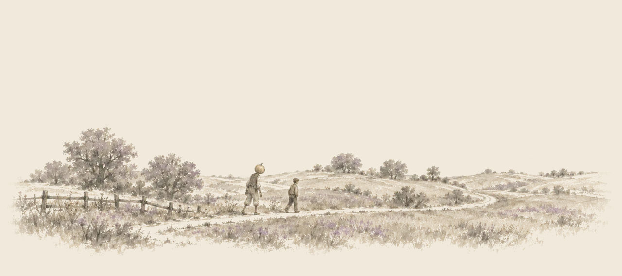 Tip and Jack Pumpkinhead, very small, walk along a winding path across open rolling hills past a fence and a few round trees.