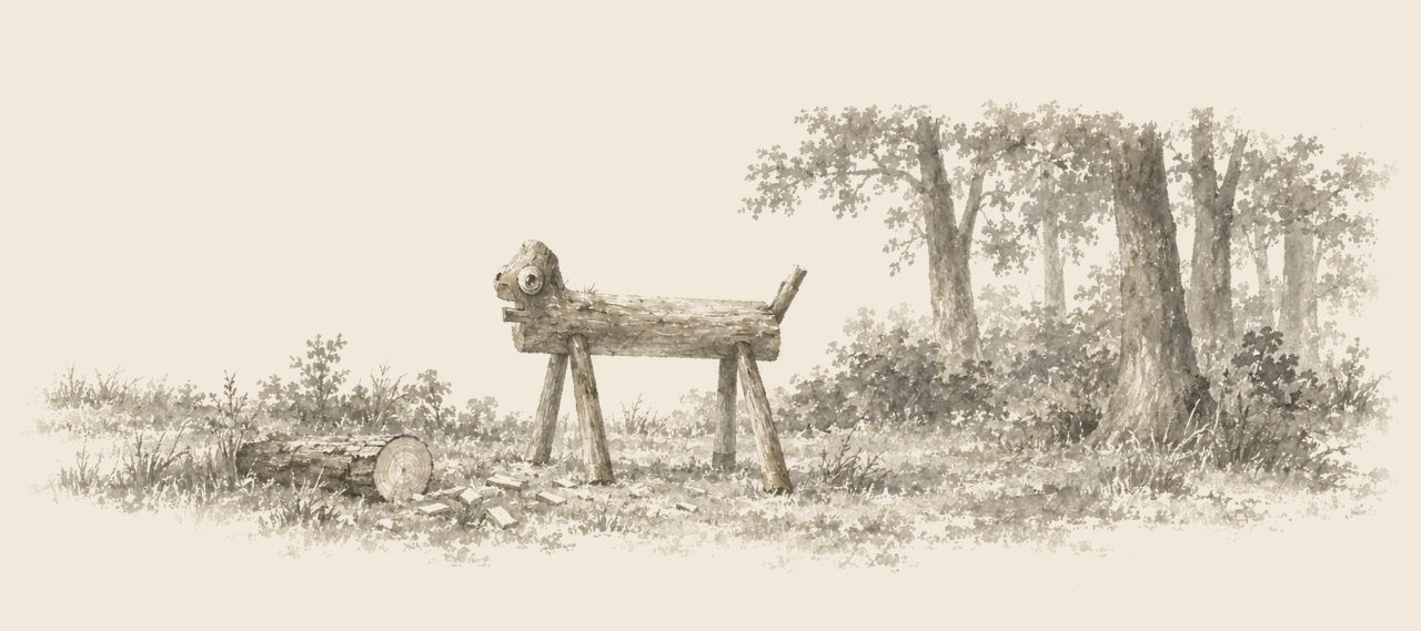 A rough log Sawhorse stands alone at the edge of a wood, with four spread legs, a stick tail and two knots for eyes.