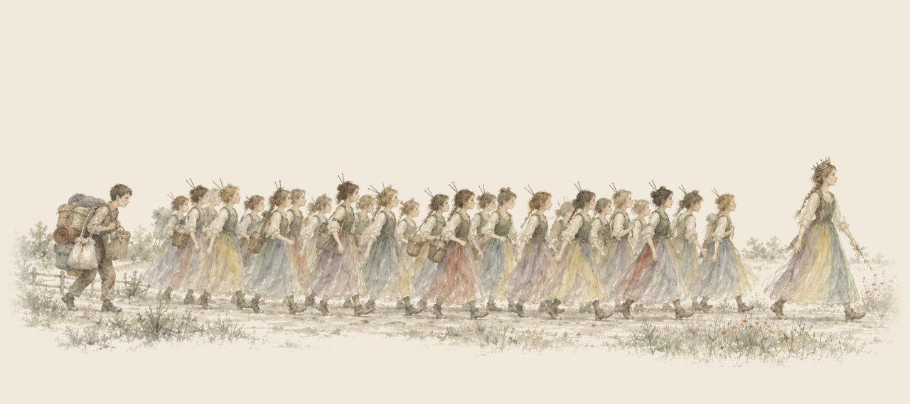 A long column of girls with knitting needles in their hair marches along a road behind General Jinjur, with Tip trailing at the rear with a bundle.