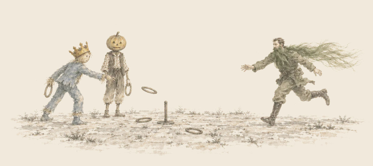 The crowned Scarecrow tosses a quoit toward a peg in a paved courtyard, with Jack Pumpkinhead beside him, as the long-whiskered Green Whiskers runs toward them.