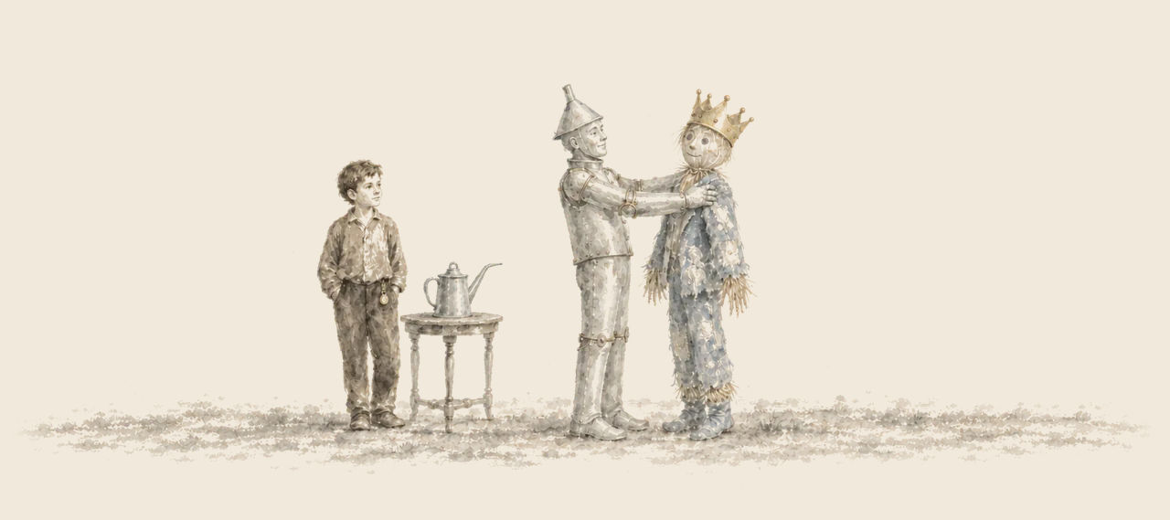 The Tin Woodman, polished silver, holds the crowned Scarecrow by the shoulders and gazes at him, while Tip stands by a small table with a teapot.