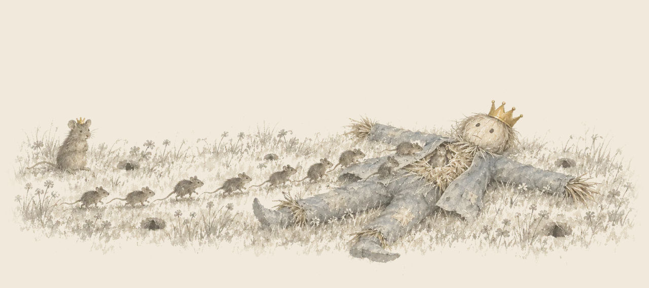 The Scarecrow lies on his back in a meadow dotted with holes, his coat open, as field mice, led by a small crowned Queen, run across the grass.