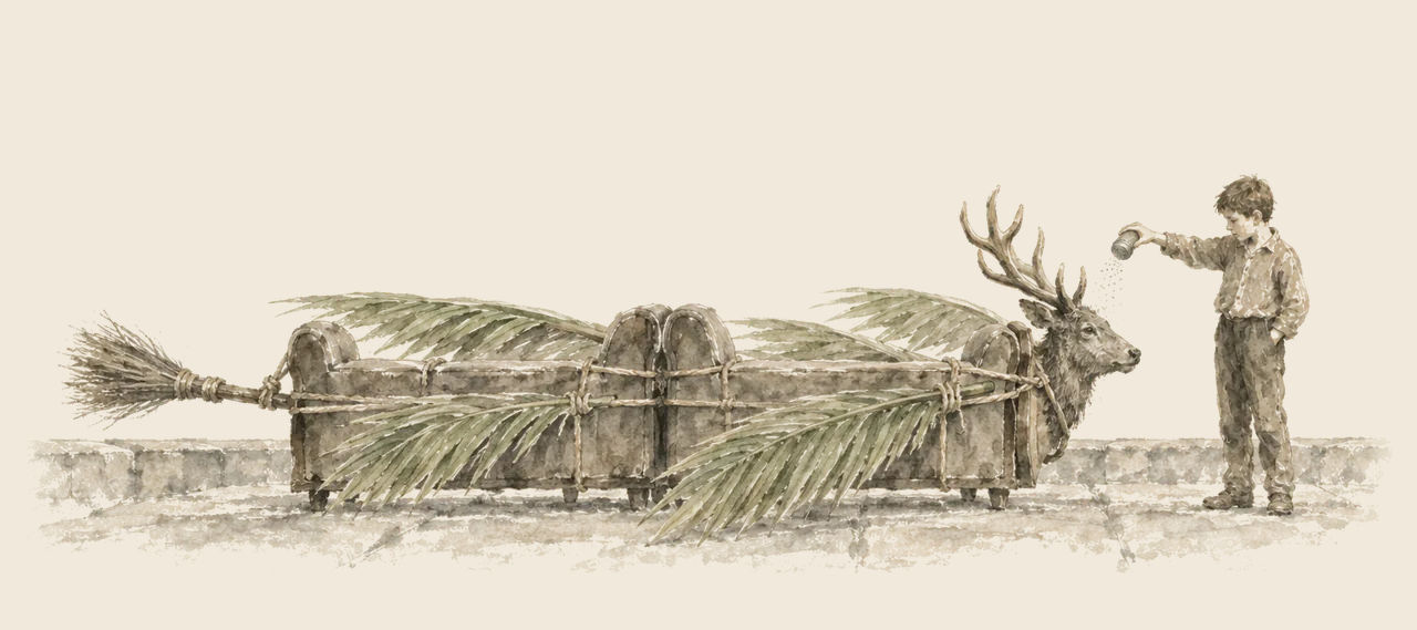 Two sofas bound together, with palm-leaf wings, a broom tail and a stag's head at the front, lie on a roof as Tip sprinkles powder over the head.