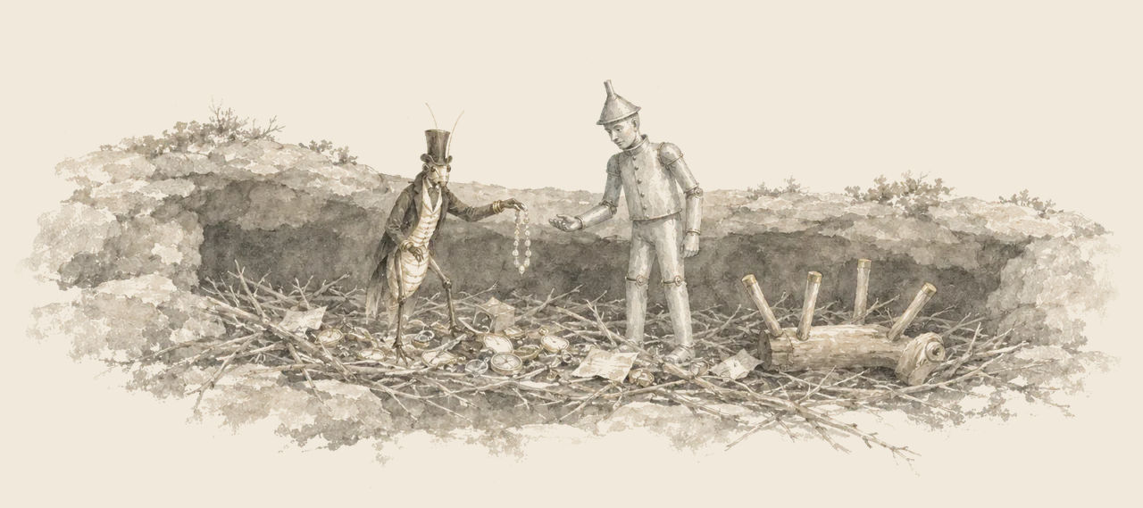 The Woggle-Bug in a top hat holds up a diamond necklace in a huge nest of sticks, while the Tin Woodman reaches for it and the Sawhorse lies beside them.