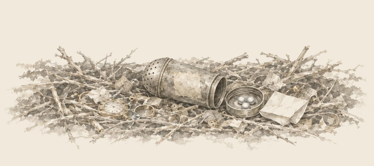 A pepper-box lies on its side in a nest of sticks among old paper and trinkets, its unscrewed base beside it holding three small pills.