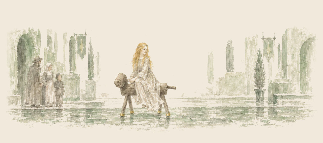 Ozma, with long golden hair, rides the gold-shod Sawhorse along a green marble street of the Emerald City while a few townspeople watch from the left.