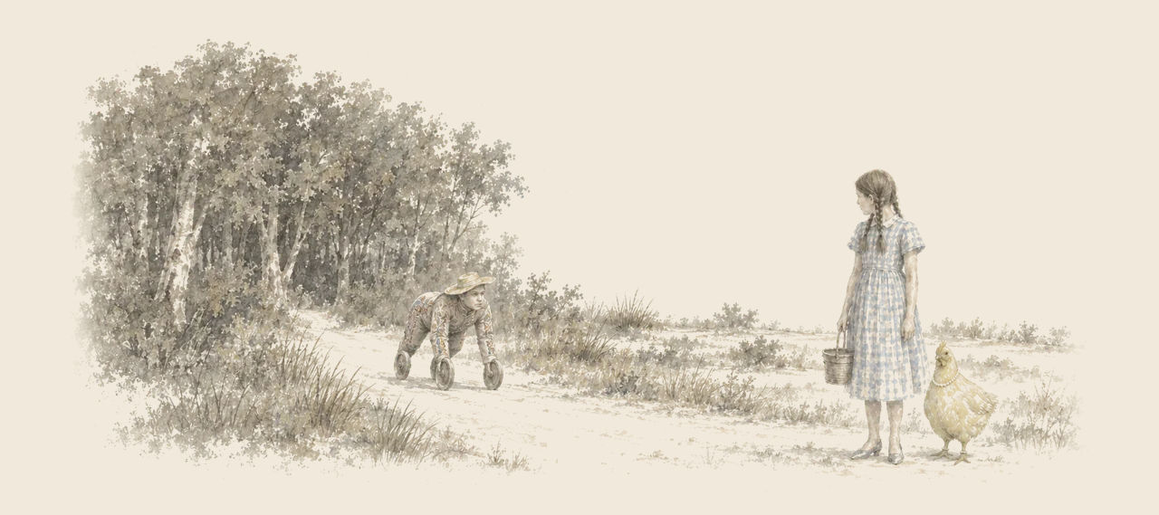 Dorothy, with her pail, and Billina watch a Wheeler with wheels for hands and feet roll toward them along a path from a forest edge.