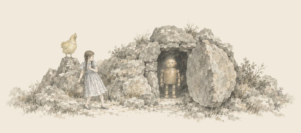 Tik-Tok stands still inside a small chamber in a mound of rocks, a big rock swung open like a door, as Dorothy looks in and Billina perches above.