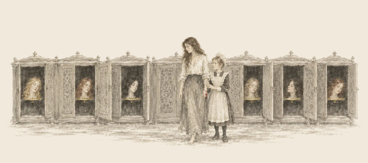 Princess Langwidere walks barefoot with Nanda along a row of carved cupboards, several open to show a lovely lady's head on a shelf.