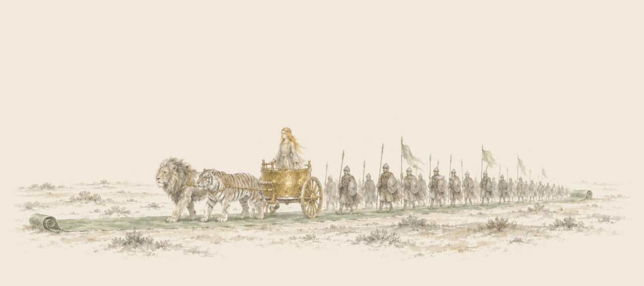 Ozma rides in a golden chariot drawn by the Cowardly Lion and the Hungry Tiger across the desert, her soldiers marching behind along a green carpet.