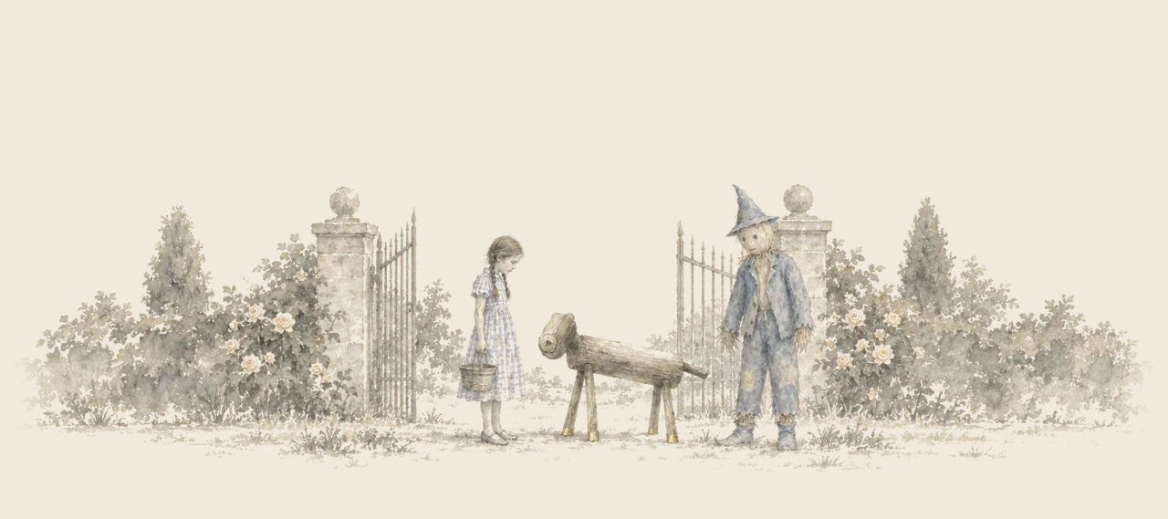 Dorothy, with her pail, stands before the gold-shod Sawhorse, who bows his wooden head at a garden gate, while the Scarecrow looks on.