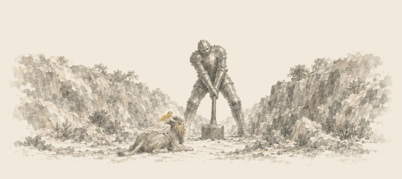 A giant iron man in plate armour brings a huge mallet down on a narrow path between rocky hills, as the Cowardly Lion crouches before him with Ozma on his back.