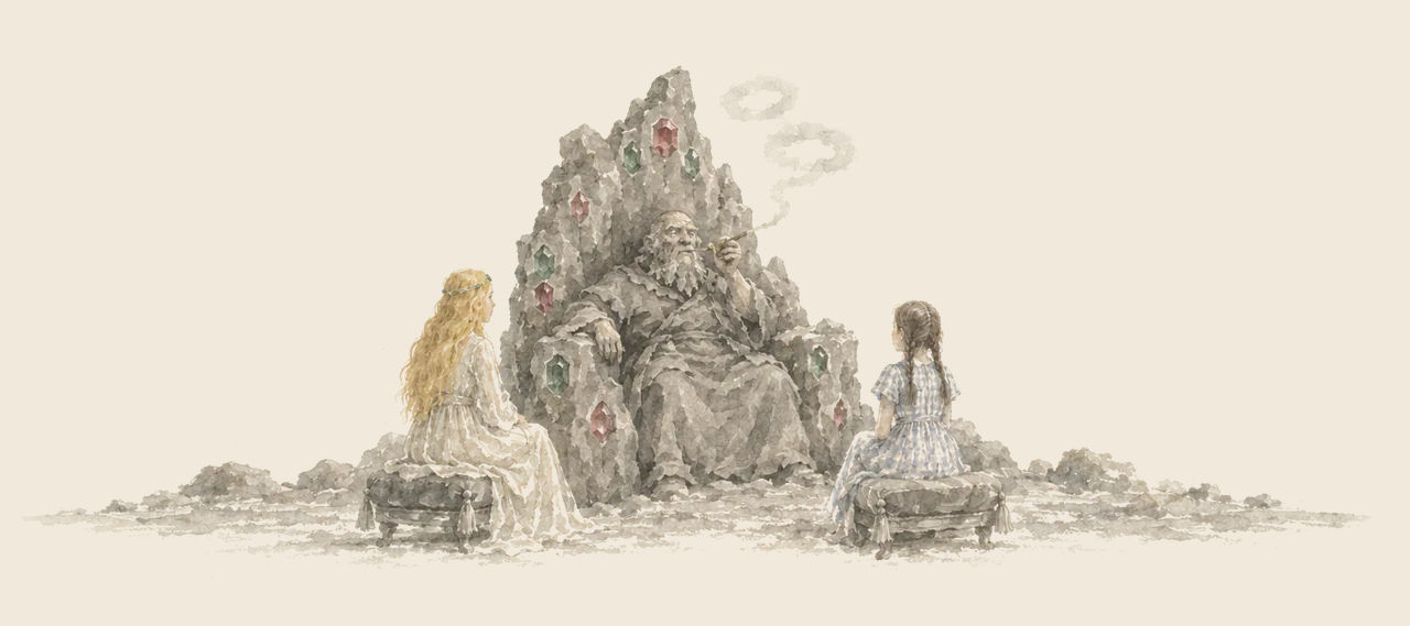 The Nome King, a bearded old man in a rock throne set with jewels, smokes a pipe as Ozma and Dorothy sit on small stools before him.