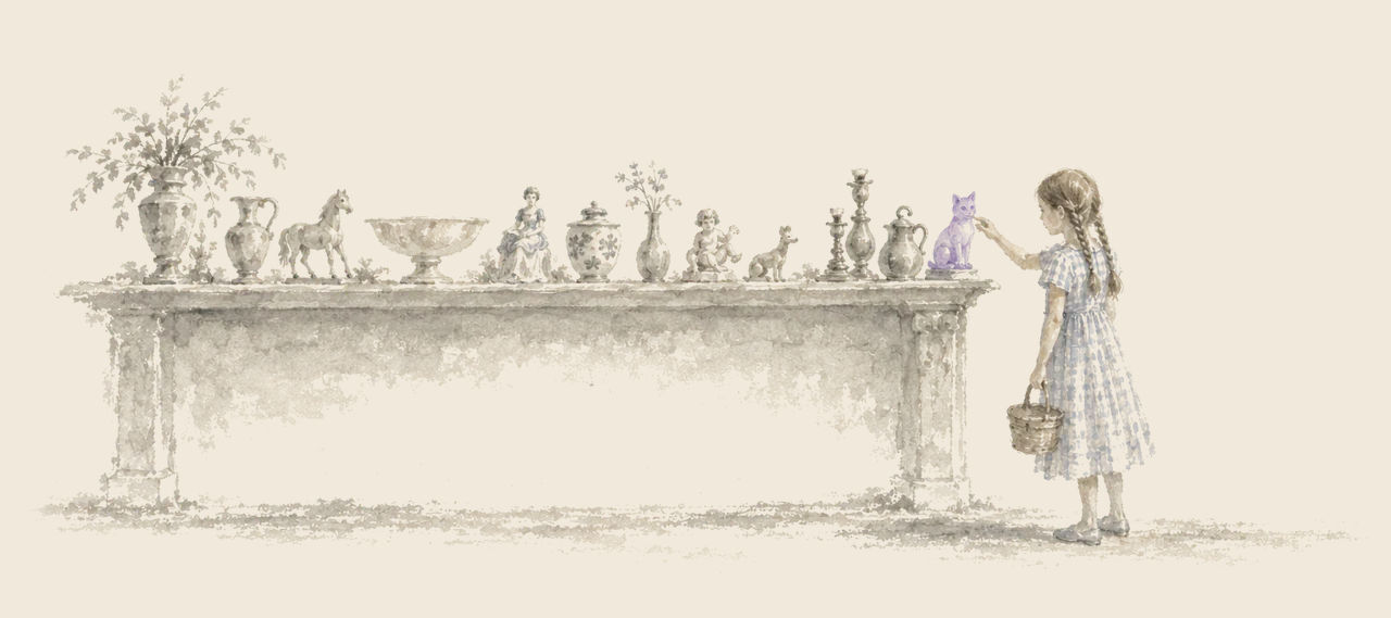 Dorothy, holding a basket, reaches up to touch a purple kitten figure at the end of a long mantel crowded with vases and small ornaments.