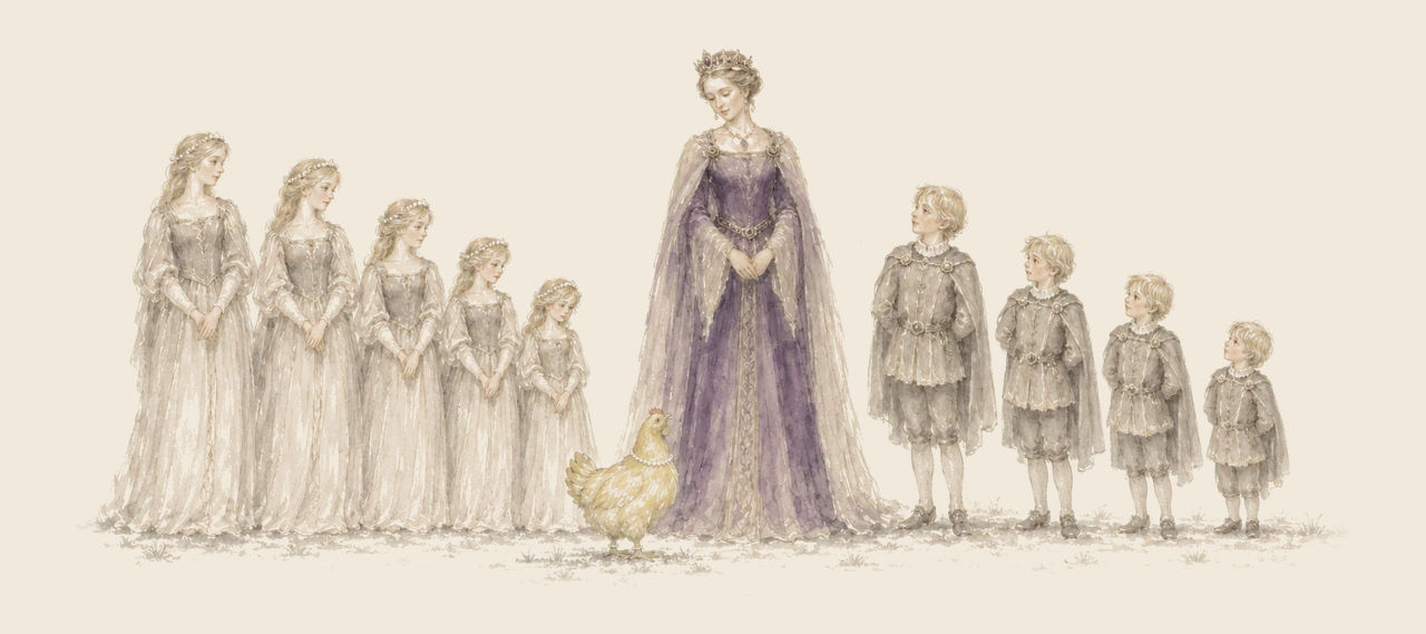 The Queen of Ev stands in a purple gown with her five daughters on one side and four sons on the other, shrinking in size, with Billina at her feet.