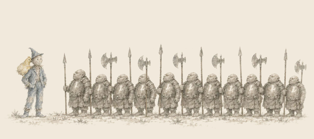 The Scarecrow, with Billina on his shoulder and hands in his pockets, smiles at a long rank of the Nome King's soldiers holding spears and axes.