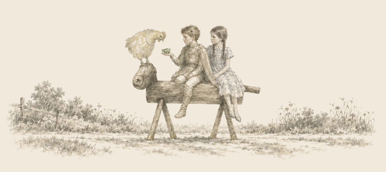 The little Prince holds out a small whistle as he rides the Sawhorse with Dorothy behind him, Billina perched on the wooden head.