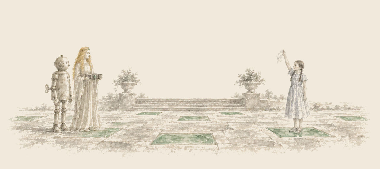 Dorothy stands alone on a green emerald in a courtyard, waving a handkerchief, as Ozma holds the jewelled belt and Tik-Tok stands beside her.