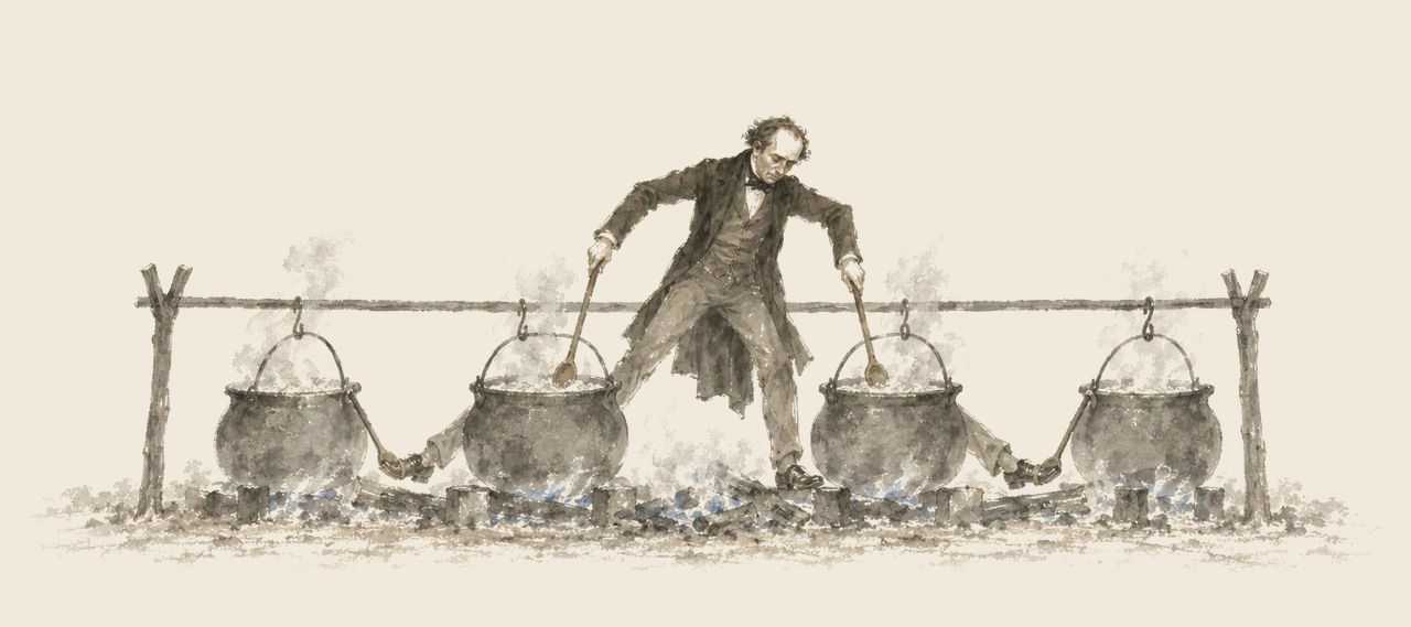 The Crooked Magician stirs four steaming kettles over a fire at once, two with ladles in his hands and two with ladles strapped to his feet.