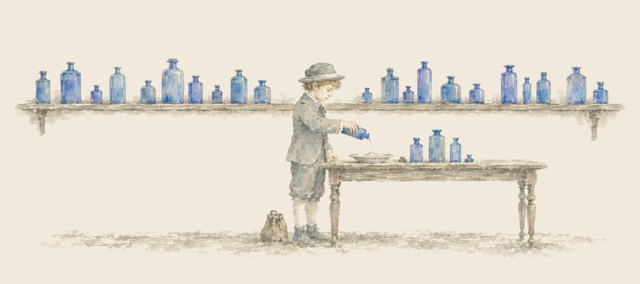 Ojo pours powder from a blue bottle into a dish on a table, under a long shelf of blue glass bottles.