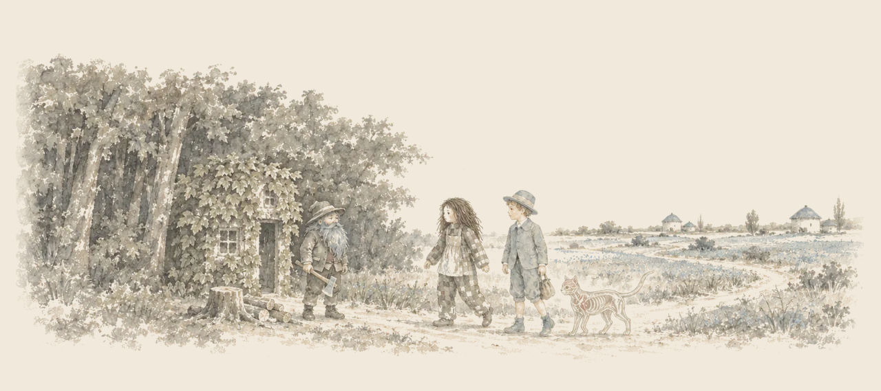 The Patchwork Girl, Ojo and the Glass Cat walk out of the woods past a Munchkin woodchopper with an axe, beside his leaf-covered house.