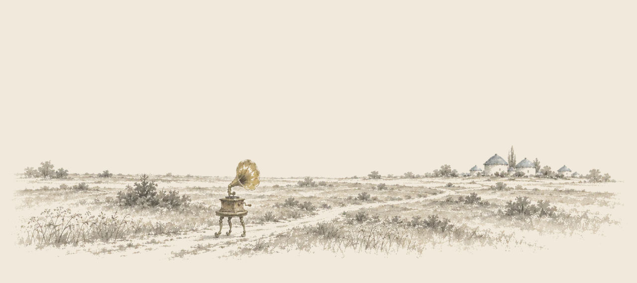 A phonograph on a small round table runs along a path across open country on its four legs, toward a village of small round houses.