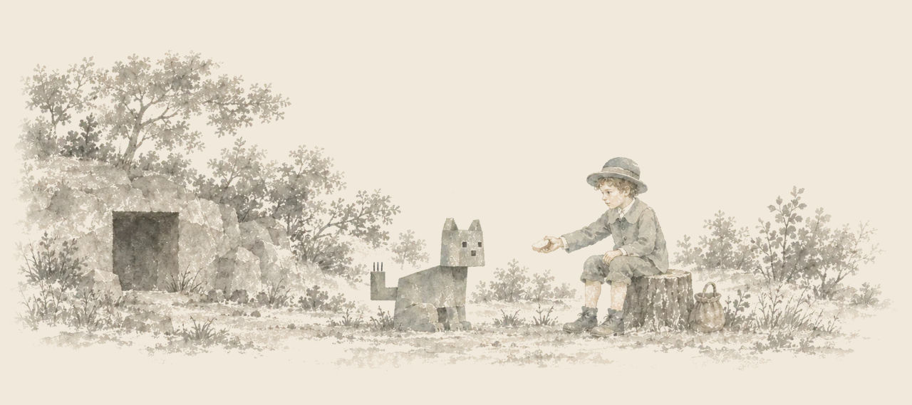 Ojo sits on a stump holding out a piece of bread to the Woozy, a beast of squares, sitting before a square cave.