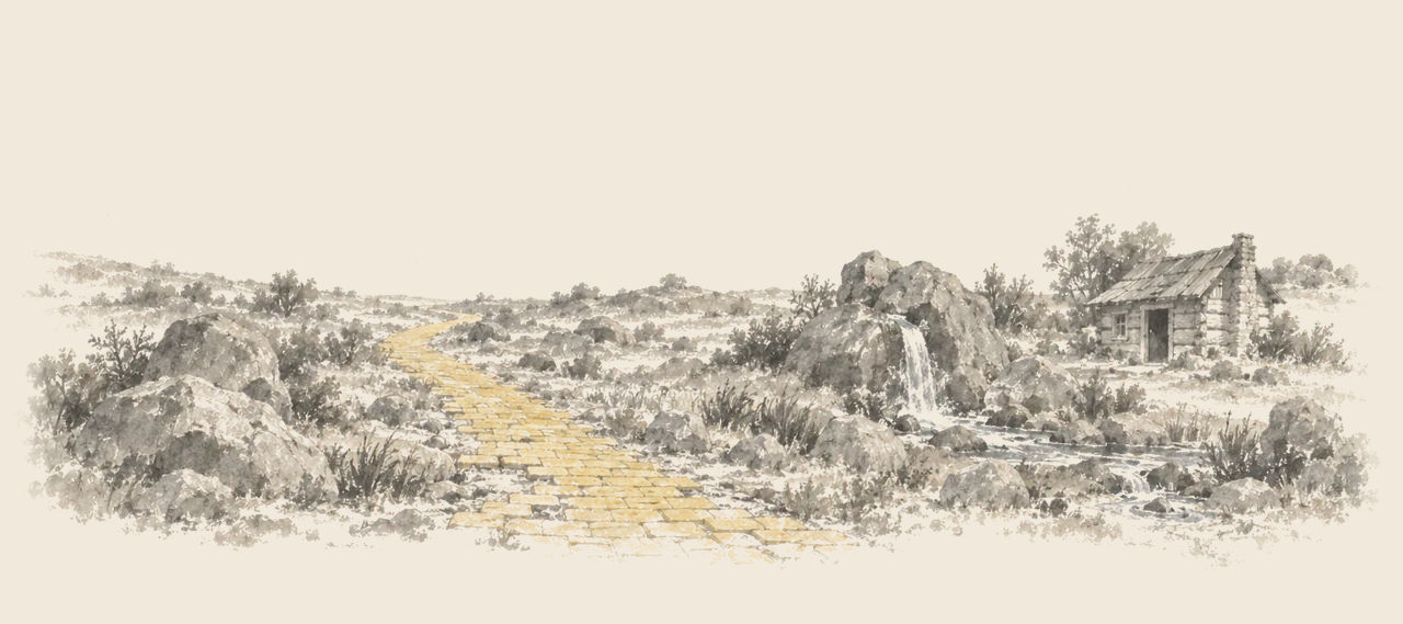 The yellow brick road runs through a rocky wasteland past a spring that spills from a rock, and a small log cabin stands nearby.