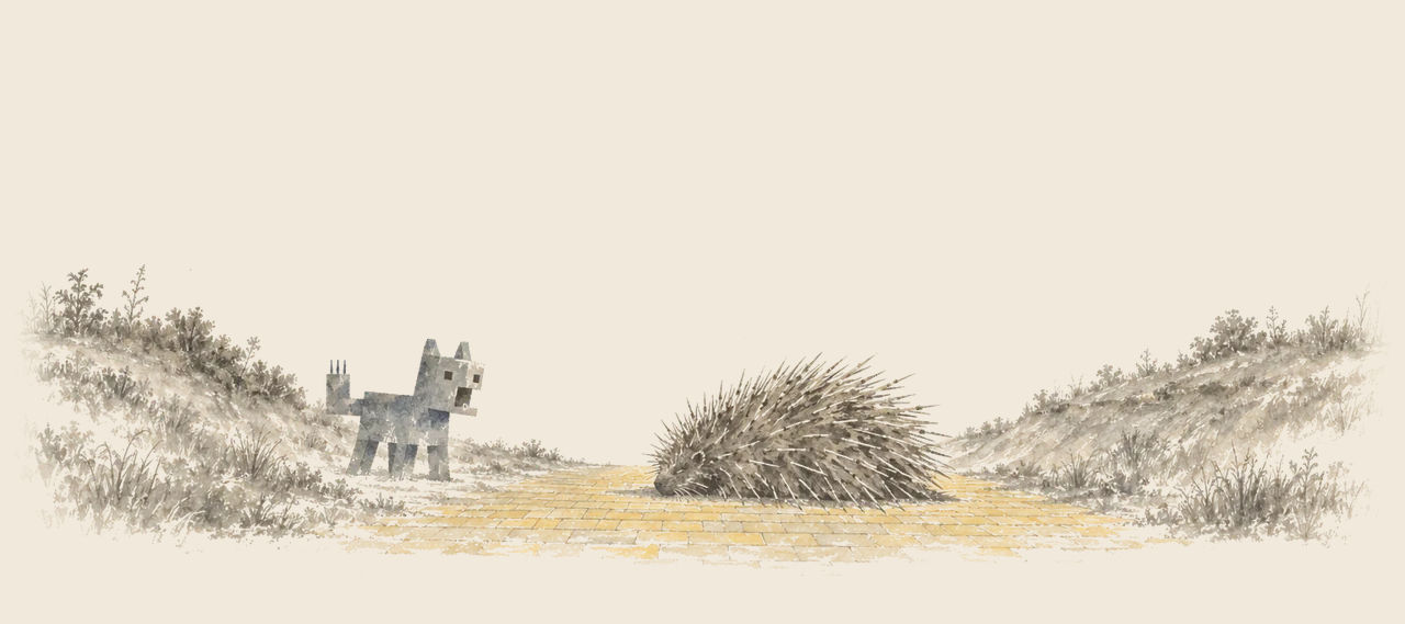 Chiss the giant porcupine lies bristling with quills in the yellow brick road, while the square-bodied Woozy faces it from the bank.
