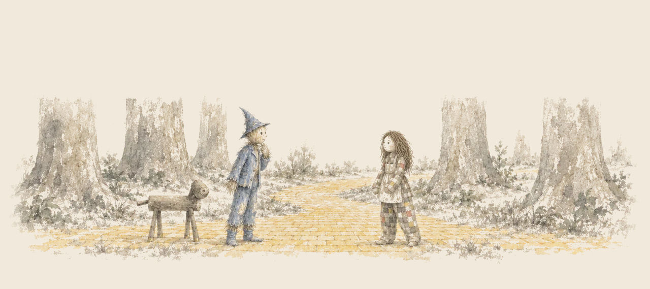 The Scarecrow and the Patchwork Girl stand a few steps apart on the yellow brick road among tall trees, staring at each other, with the Sawhorse beside him.