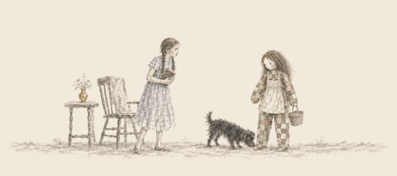 Dorothy stands holding a book, looking in amazement at the Patchwork Girl, who carries a basket, while Toto sniffs at her feet.