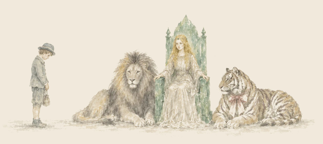 Ozma sits on her green throne between the Cowardly Lion and the Hungry Tiger, while Ojo stands before her with his head bowed.