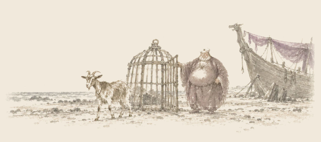 Bilbil the goat walks out of an open cage on a beach while King Rinkitink holds its door; a grounded boat with a purple canopy lies behind.