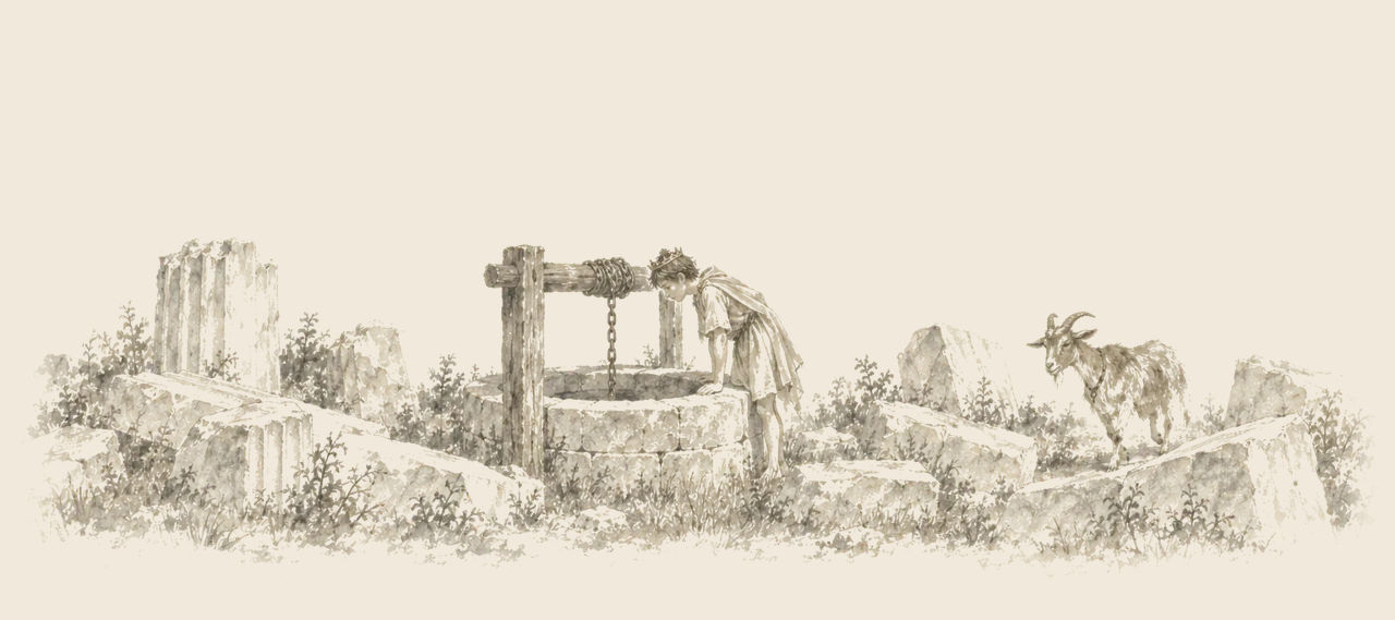 Prince Inga leans over a well with a windlass and chain among fallen marble blocks and a broken column, calling down, while Bilbil approaches.